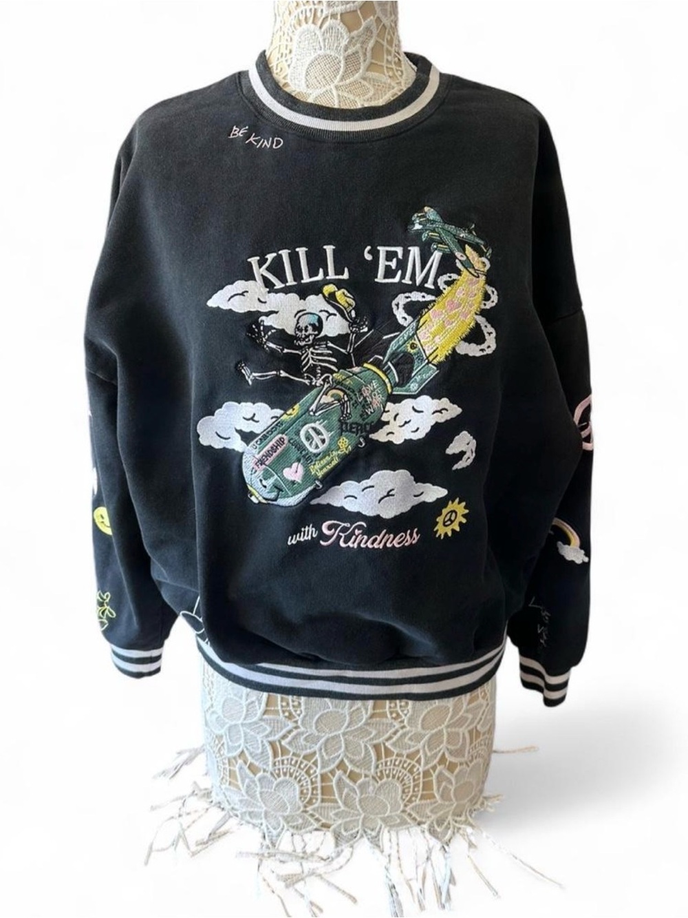 Kill 'Em With Kindness Graphic Crewneck Sweater - Black